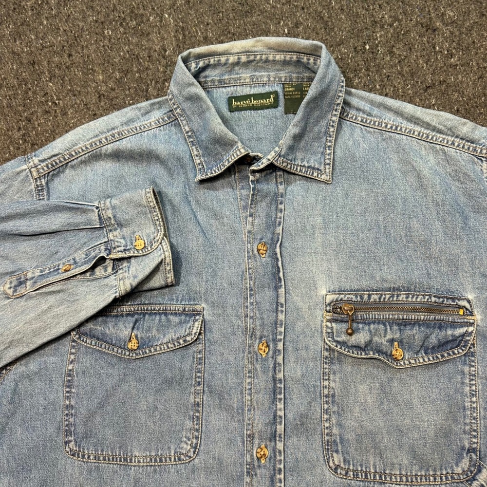 Harve Benard Denim Shirt Sz L Mens Blue Grunge Utility Zipper Pocket Hammer Loop